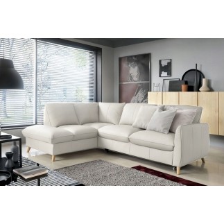 Canapé d'angle en 100% tout cuir italien de luxe 5 places, convertible et avec coffre, NILSEN, blanc cassé, angle gauche