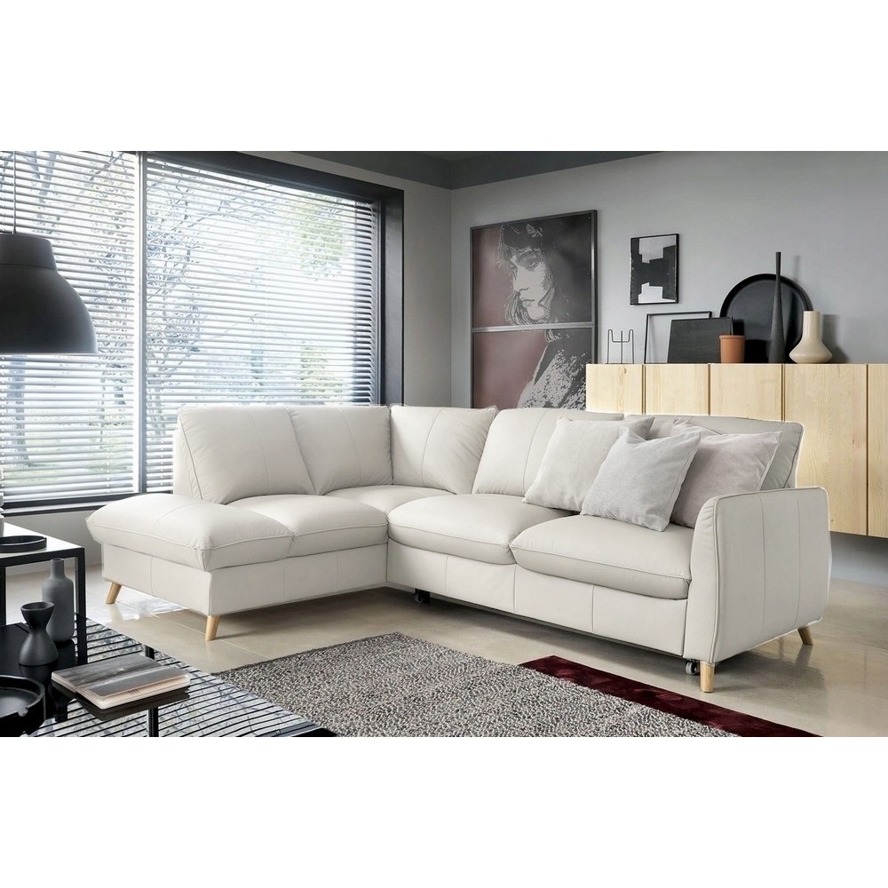 Canapé d'angle en 100% tout cuir italien de luxe 5 places, convertible et avec coffre, NILSEN, blanc cassé, angle gauche