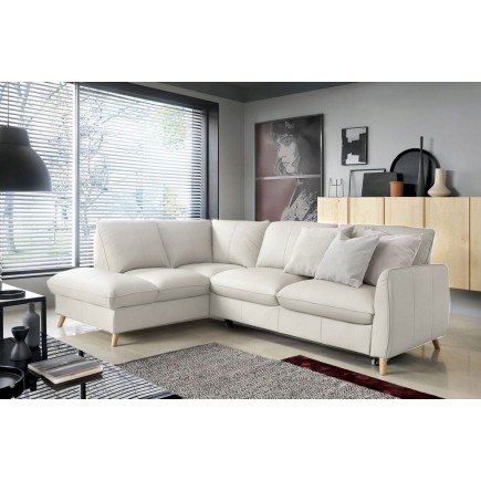 Canapé d'angle en 100% tout cuir italien de luxe 5 places, convertible et avec coffre, NILSEN, blanc cassé, angle gauche