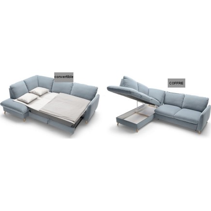 Canapé d'angle en 100% tout cuir italien de luxe 5 places, convertible et avec coffre, NILSEN, blanc cassé, angle gauche