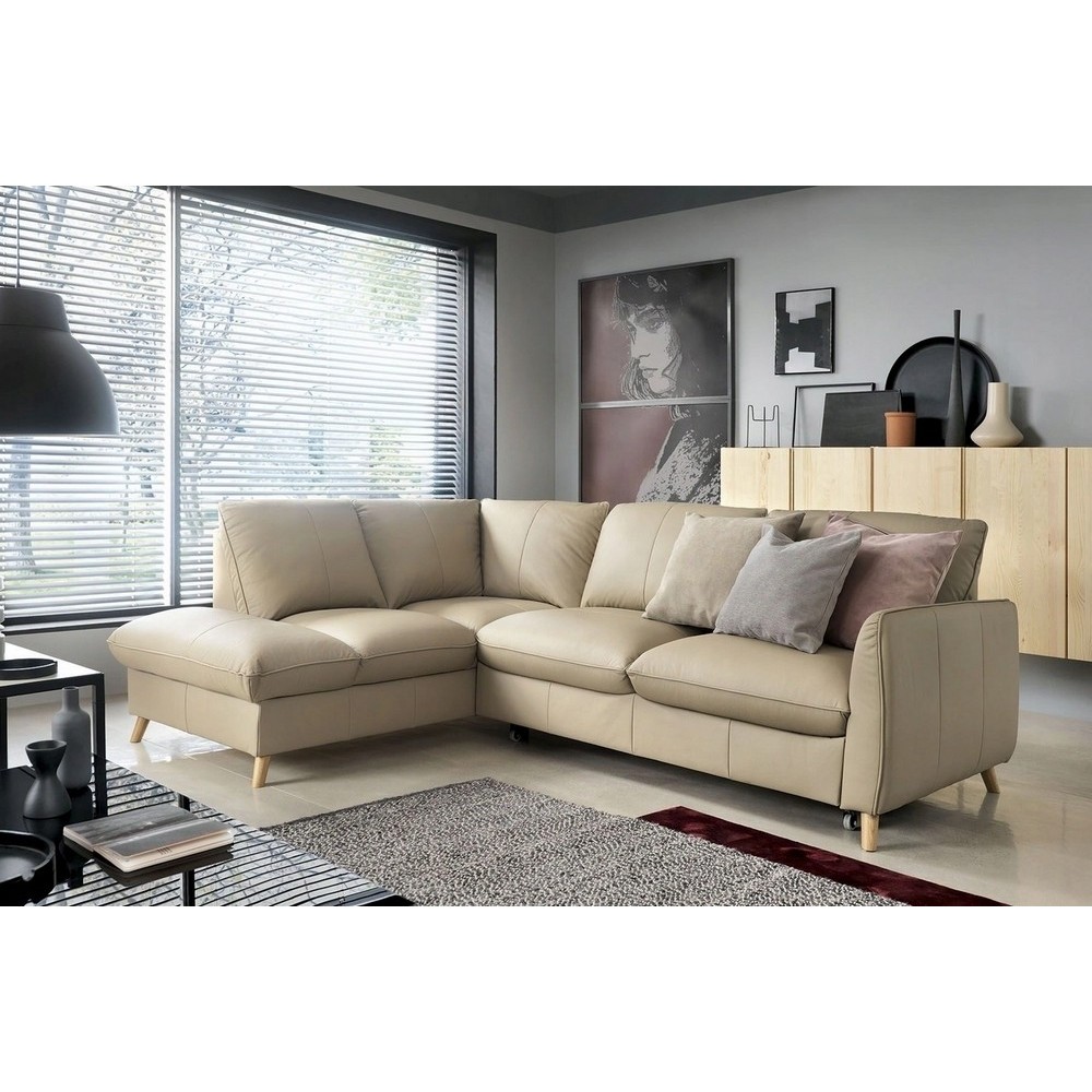 - Canapé d'angle en 100% tout cuir italien de luxe 5 places, convertible et avec coffre, NILSEN, beige, angle gauche