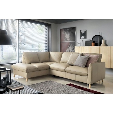 - Canapé d'angle en 100% tout cuir italien de luxe 5 places, convertible et avec coffre, NILSEN, beige, angle gauche