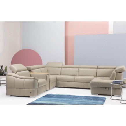 Canapé d'angle en 100% tout cuir italien de luxe 7/8 places, convertible avec relax électrique et coffre, URBANIA, beige, angle