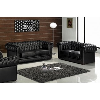 Ensemble Chesterfield 3 places et 2 places en cuir italien noir.