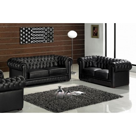 Ensemble Chesterfield 3 places et 2 places en cuir italien noir.