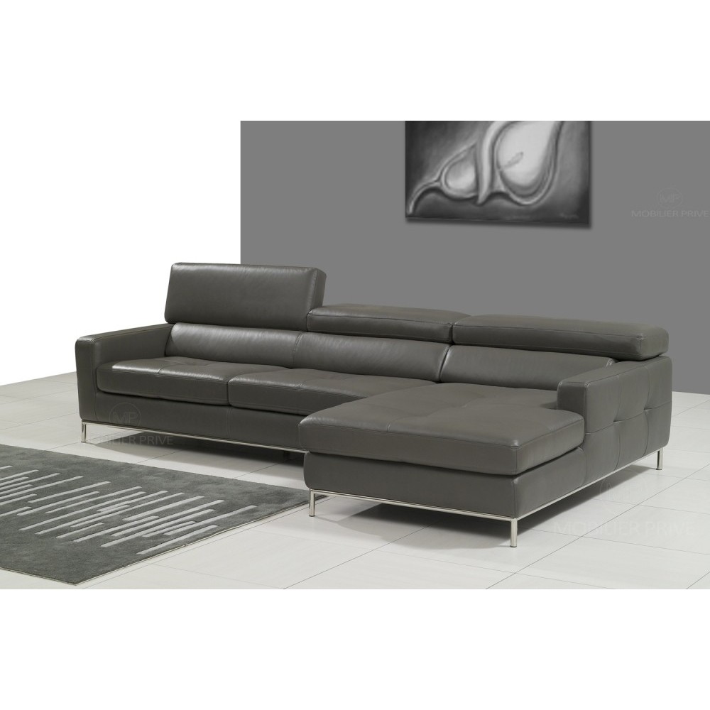 Canapé d'angle en cuir italien 4/5 places YVANA, gris fonce, angle droit