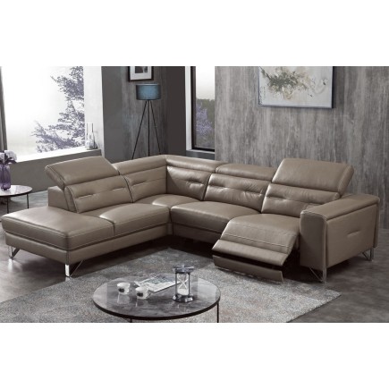 Canapé d'angle avec un relax électrique en cuir de buffle italien de luxe 6 places REVOLAX moka et surpiqure moka, angle gauche,