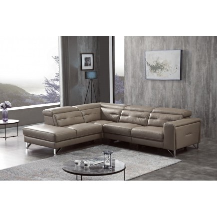 Canapé d'angle avec un relax électrique en cuir de buffle italien de luxe 6 places REVOLAX moka et surpiqure moka, angle gauche,