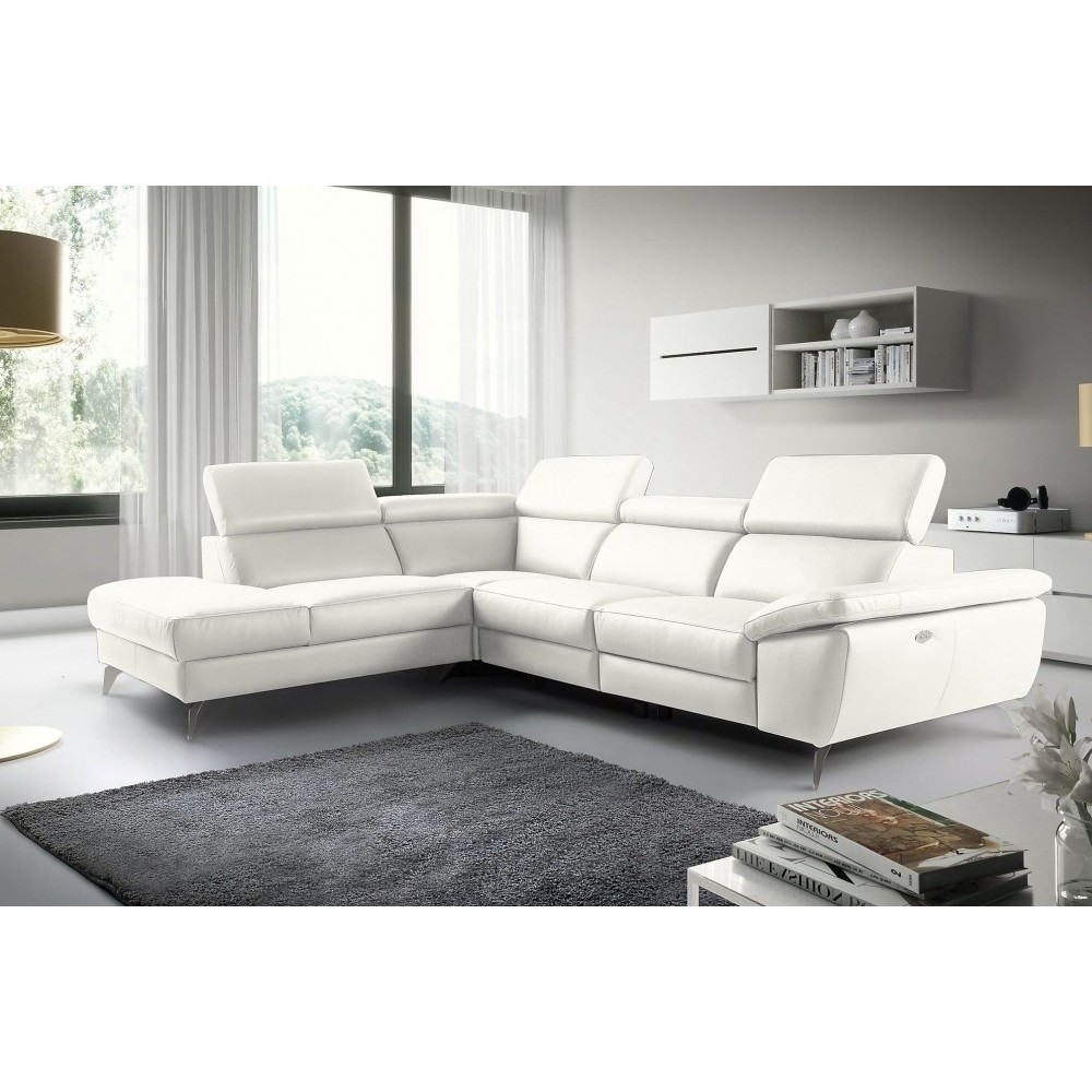 Canapé d'angle relax en 100% tout cuir épais de luxe italien avec relax électrique, 5/6 places KASTER, blanc cassé, angle gauche