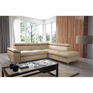Canapé d'angle convertible en cuir italien de luxe 5 places LUTECIA avec coffre, beige, angle droit