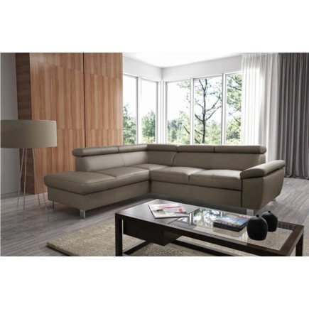 Canapé d'angle convertible en cuir italien de luxe 5 places LUTECIA avec coffre, taupe, angle gauche