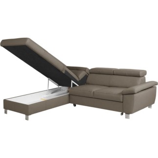 Canapé d'angle convertible en cuir italien de luxe 5 places LUTECIA avec coffre, taupe, angle gauche
