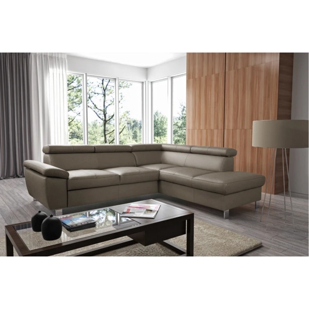 Canapé d'angle convertible en cuir italien de luxe 5 places LUTECIA avec coffre, taupe, angle droit