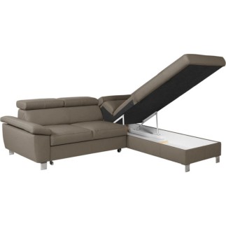 Canapé d'angle convertible en cuir italien de luxe 5 places LUTECIA avec coffre, taupe, angle droit