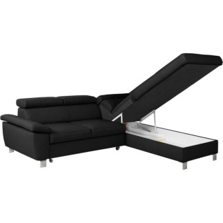 Canapé d'angle convertible en cuir italien de luxe 5 places LUTECIA avec coffre, noir, angle droit