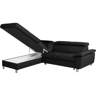 Canapé d'angle convertible en cuir italien de luxe 5 places LUTECIA avec coffre, noir, angle gauche