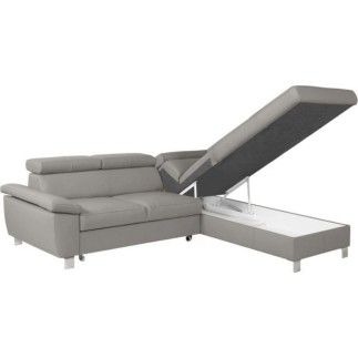 Canapé d'angle convertible en cuir italien de luxe 5 places LUTECIA avec coffre, gris clair, angle droit