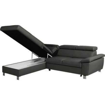- Canapé d'angle convertible en cuir italien de luxe 5 places LUTECIA avec coffre, gris foncé, angle gauche