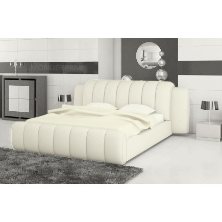 Lit design en cuir italien de luxe SPLENDIDE, ECRU, 140X190, avec sommier à lattes