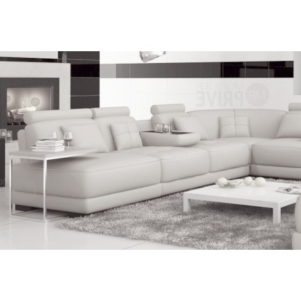 Canapé d'angle en cuir italien 7/8 places ELIXIR, blanc uni, angle droit, Petite table bout de canapé offerte, 3 poufs inclus