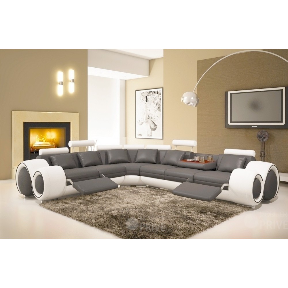 Canapé d'angle en cuir italien : 5/6 places PETIT EXCELIA, gris foncé et blanc, angle gauche, angle droit
