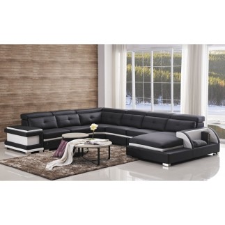Canapé d'angle cuir buffle italien 7/8 places, BELLISSIMO, noir et blanc, angle gauche