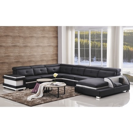 Canapé d'angle cuir buffle italien 7/8 places, BELLISSIMO, noir et blanc, angle gauche
