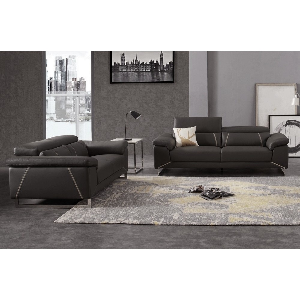 Ensemble canapé 3 places et 2 places en cuir Prestige italien buffle GRANTI, couleur noir et liseré blanc