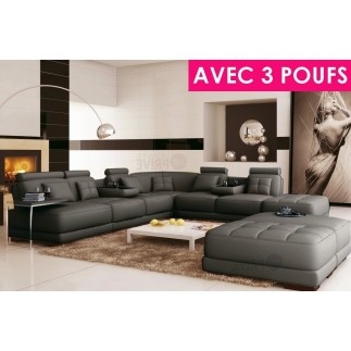 Canapé d'angle en cuir italien 7/8 places ELIXIR, Gris foncé uni, angle droit, Petite table bout de canapé offerte + 3 poufs géa