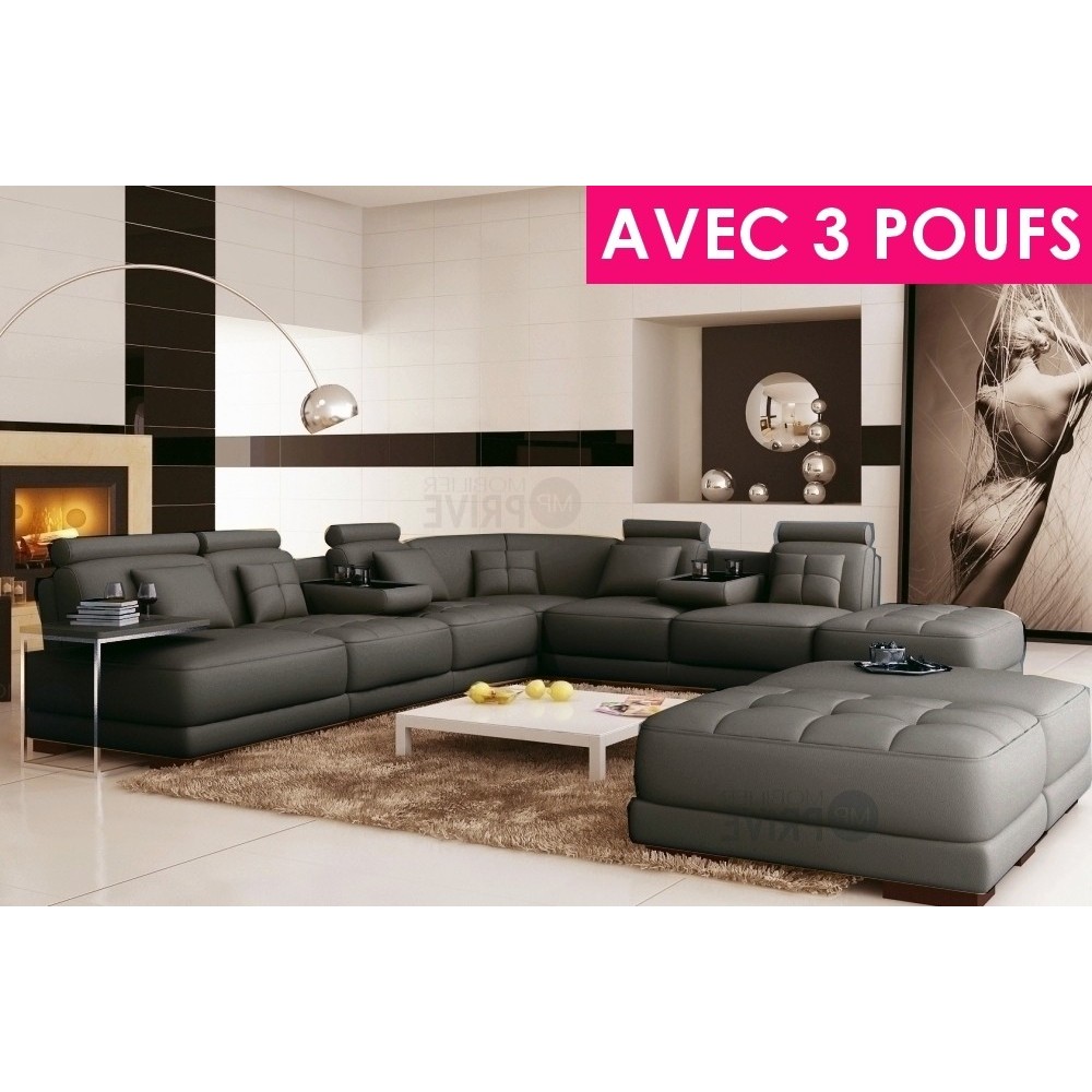 Canapé d'angle en cuir italien 7/8 places ELIXIR, Gris foncé uni, angle droit, Petite table bout de canapé offerte + 3 poufs géa
