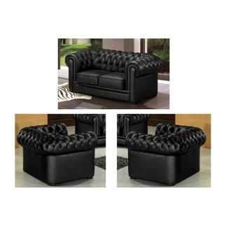 Ensemble 2+1+1, canapé 2 places et 2 fauteuils 1 place, en cuir luxe italien CHESTERFIELD, noir