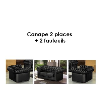 Ensemble 2+1+1, canapé 2 places et 2 fauteuils 1 place, en cuir luxe italien CHESTERFIELD, noir