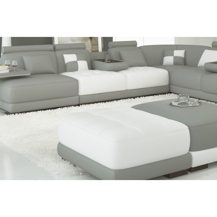 Canapé d'angle en cuir italien 7/8 places ELIXIR, gris clair et blanc, angle droit (vu de face), 1 pouf inclus, table offerte