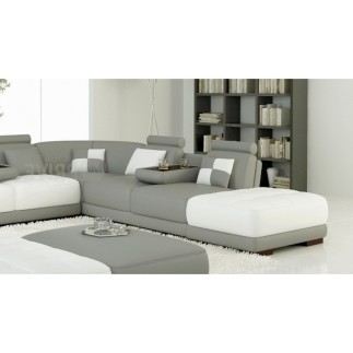 Canapé d'angle en cuir italien 7/8 places ELIXIR, gris clair et blanc, angle droit (vu de face), 1 pouf inclus, table offerte