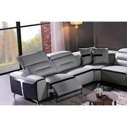 Canapé d'angle relax électrique en cuir buffle italien de luxe: COMBIRELAX, gris clair et noir, angle gauche, TABLE OFFERTE, 7/8