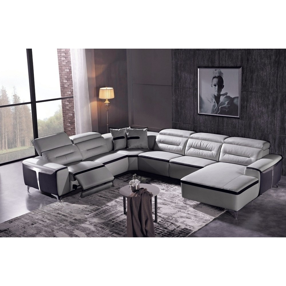 Canapé d'angle relax électrique en cuir buffle italien de luxe: COMBIRELAX, gris clair et noir, angle gauche, TABLE OFFERTE, 7/8