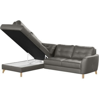 - Canapé d'angle convertible en cuir italien de luxe 5 places NORIA avec coffre, gris foncé, angle gauche