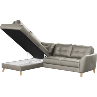 Canapé d'angle convertible en cuir italien de luxe 5 places NORIA avec coffre, gris clair, angle gauche