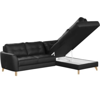 Canapé d'angle convertible en cuir italien de luxe 5 places NORIA avec coffre, noir, angle droit