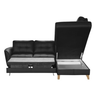 Canapé d'angle convertible en cuir italien de luxe 5 places NORIA avec coffre, noir, angle droit