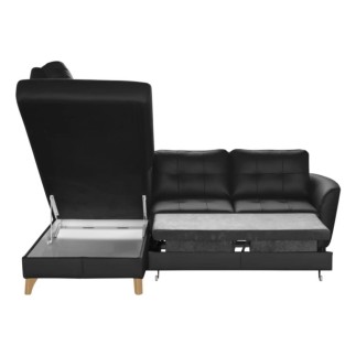 Canapé d'angle convertible en cuir italien de luxe 5 places NORIA avec coffre, noir, angle gauche