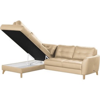 Canapé d'angle convertible en cuir italien de luxe 5 places NORIA avec coffre, beige, angle gauche