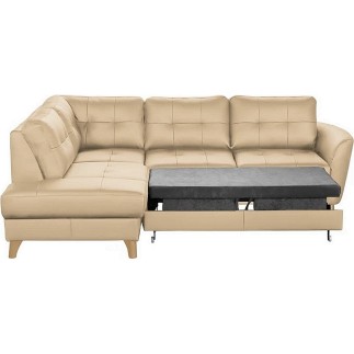 Canapé d'angle convertible en cuir italien de luxe 5 places NORIA avec coffre, beige, angle gauche