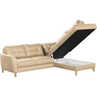 Canapé d'angle convertible en cuir italien de luxe 5 places NORIA avec coffre, beige, angle droit