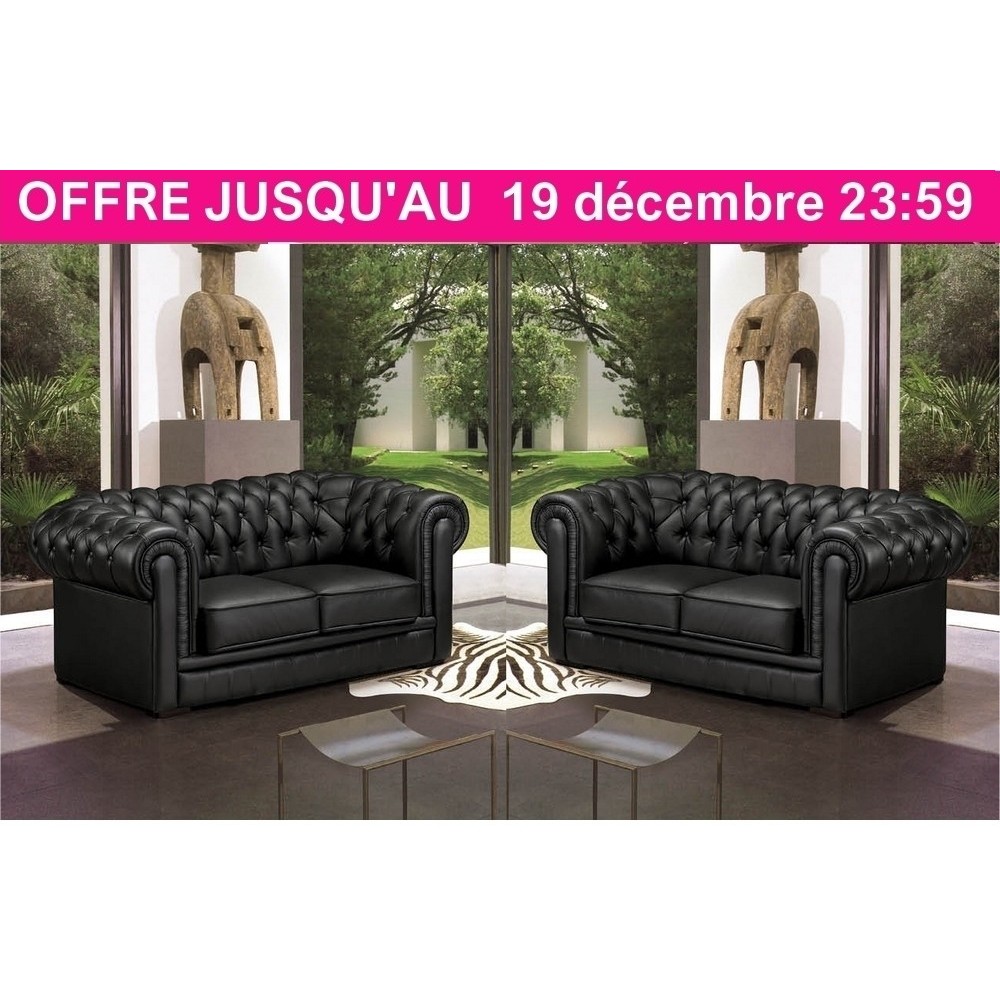 Ensemble composé de 2 canapés 2 places en cuir italien CHESTERFIELD, noir