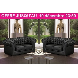 Ensemble composé de 2 canapés 2 places en cuir italien CHESTERFIELD, noir