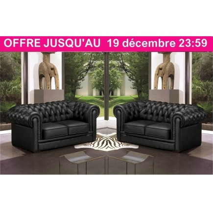 Ensemble composé de 2 canapés 2 places en cuir italien CHESTERFIELD, noir