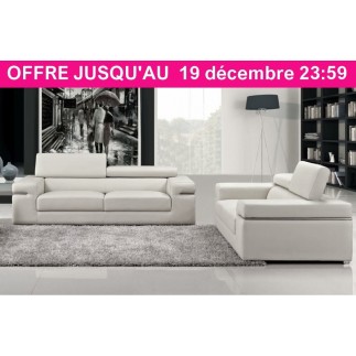 Ensemble composé d'un canapé 3 places et d'un canapé 2 places en cuir luxe italien, ALONSO, blanc