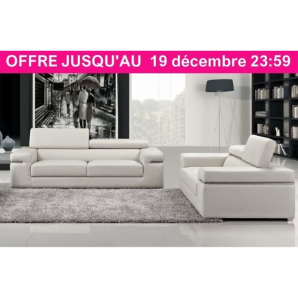 Ensemble composé d'un canapé 3 places et d'un canapé 2 places en cuir luxe italien, ALONSO, blanc