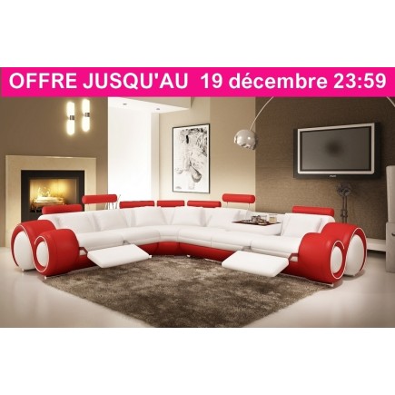 Canapé d'angle en cuir italien 5/6 places PETIT EXCELIA, blanc et rouge, angle gauche